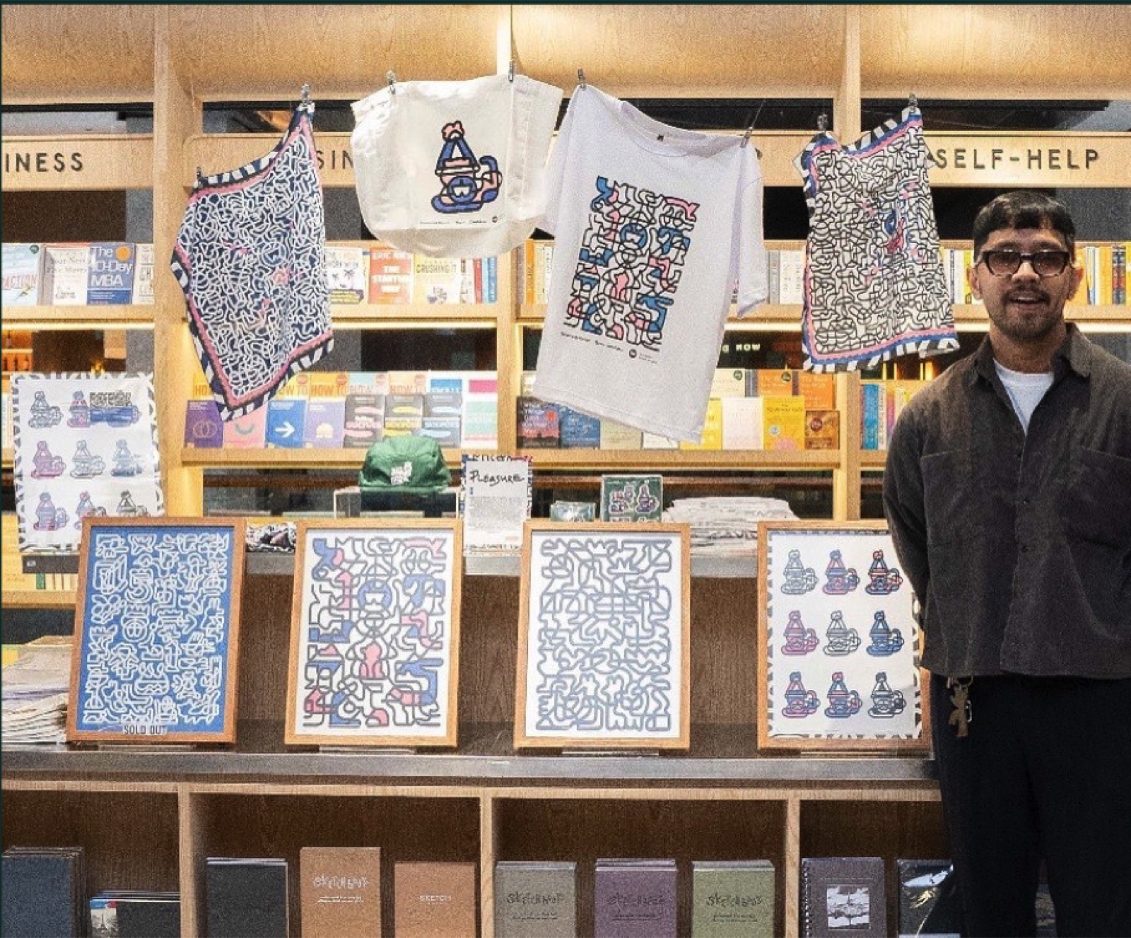 Artist collaboration display at Wonder Bookstore